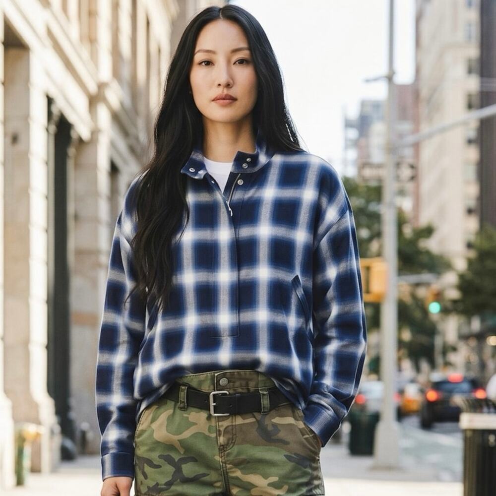 RTA Josie Blue Check Zip Grunge 90s Japanese Cotton Utility Shirt Sm Road To Awe